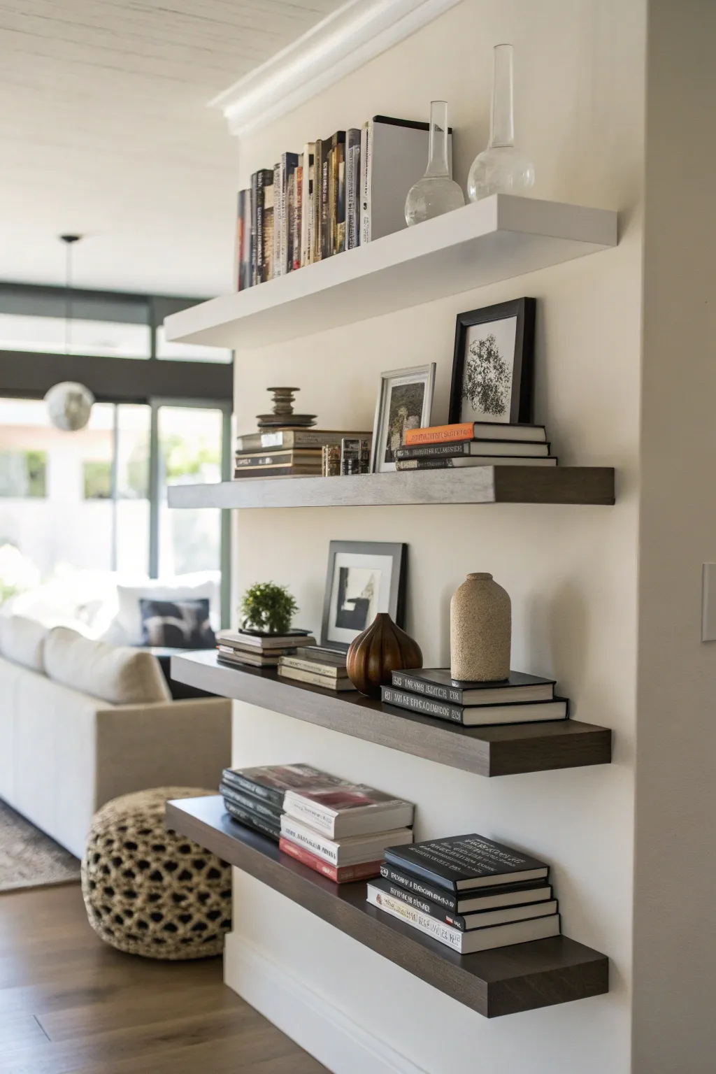 Floating shelves displaying books and decor, providing a modern and uncluttered look.