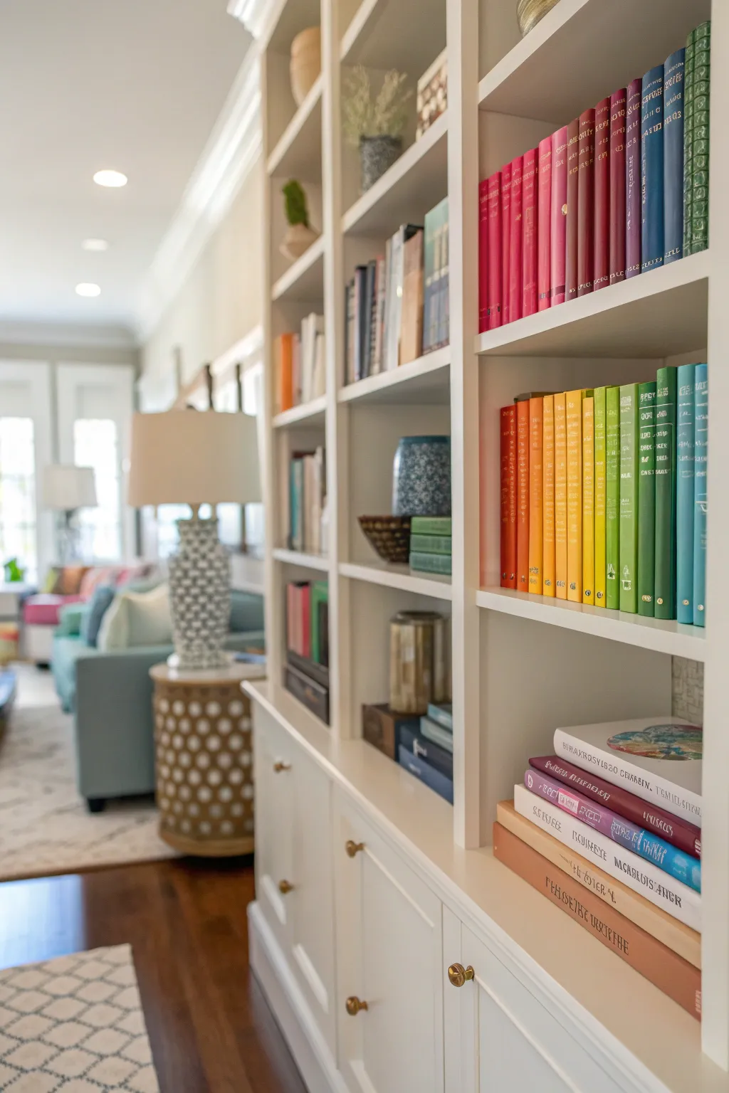 Books and items grouped by color and size on a shelf, creating a cohesive and organized display.