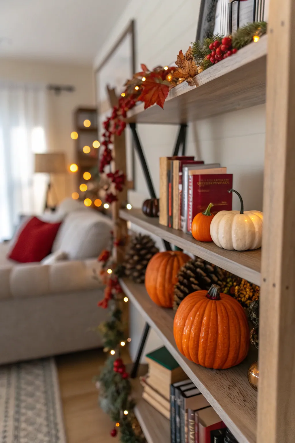 Seasonal decor displayed on a bookshelf, adding a fresh and festive touch to the living room.