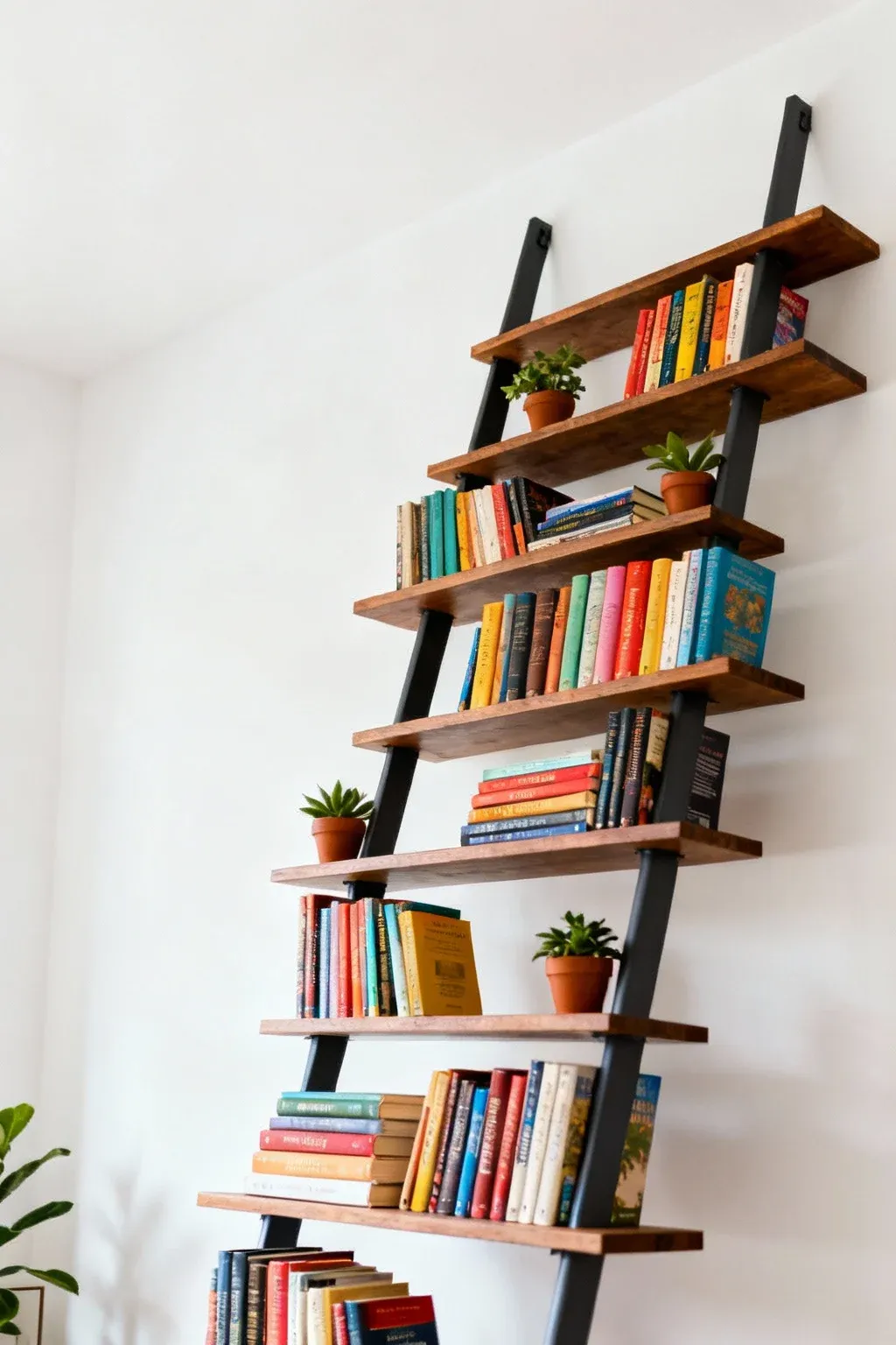 Ladder-style floating bookshelf displaying colorful books and plants against a white wall.