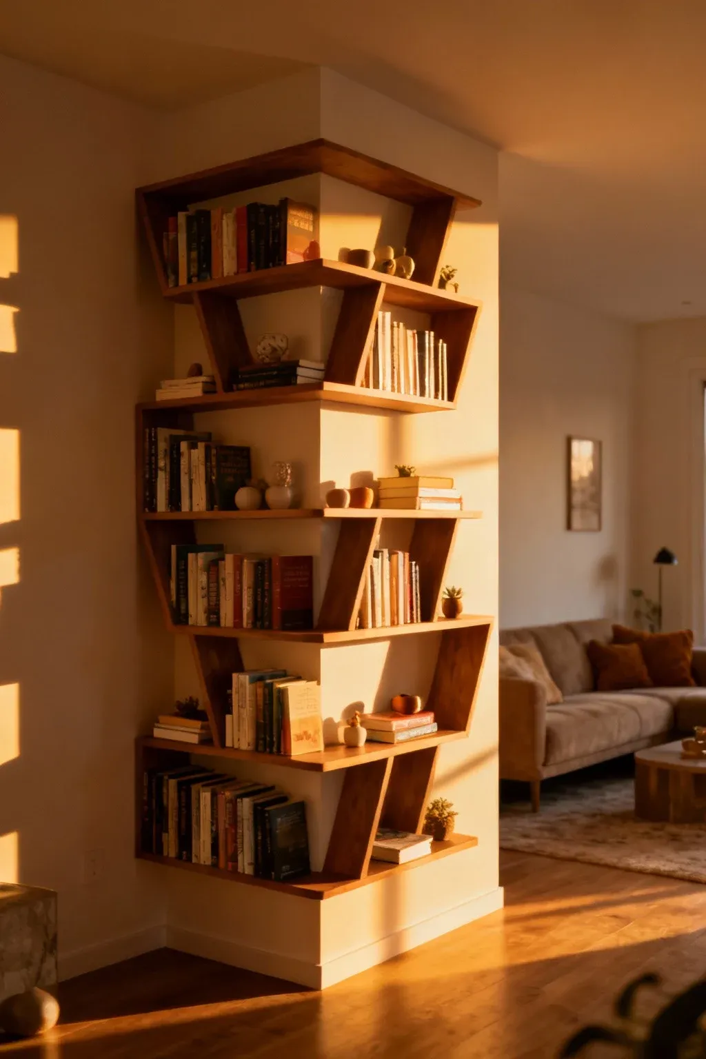 Corner floating bookshelf with books and decor in a warmly lit living room.