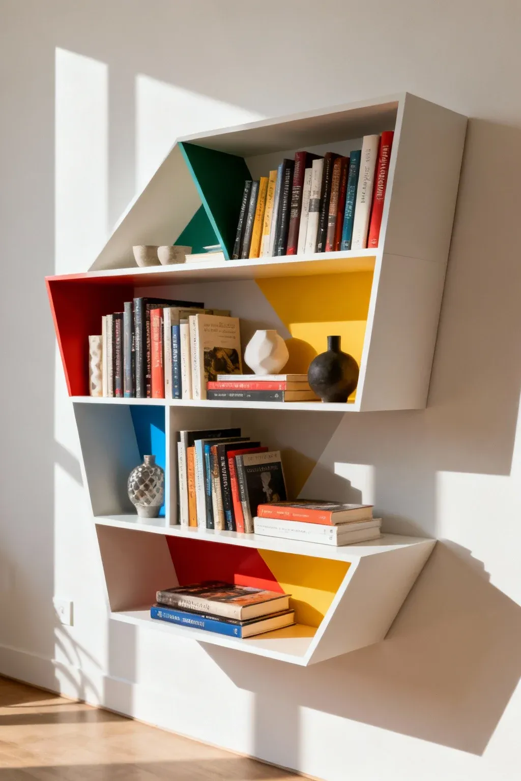 Geometric floating bookshelf with books and decor in a modern interior.