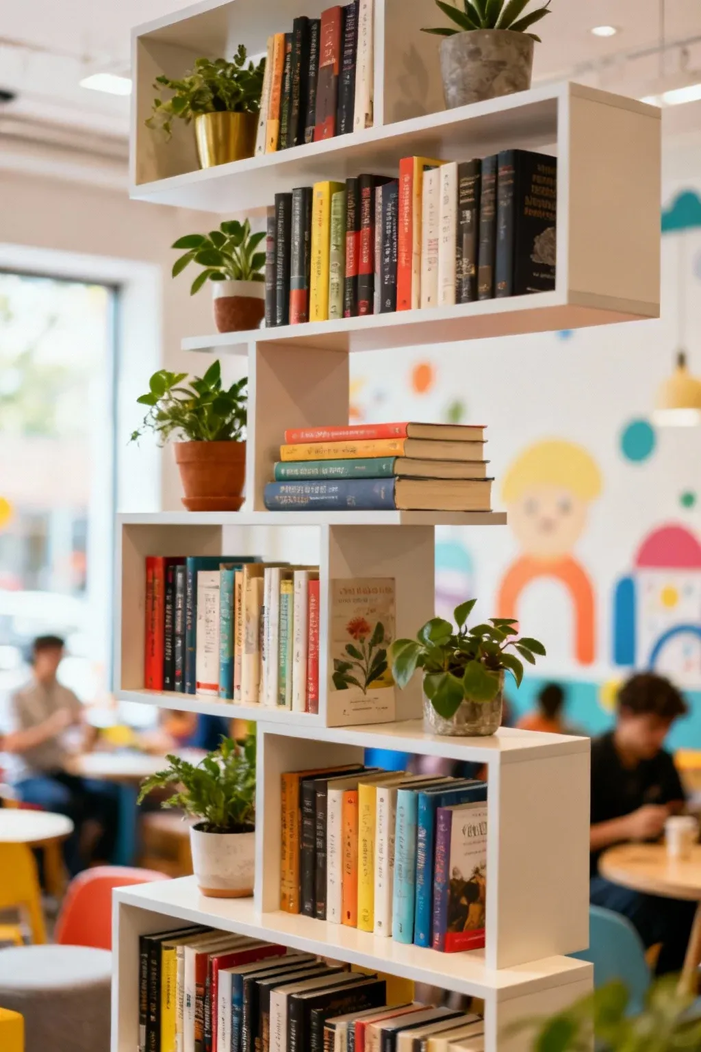 Stacked floating bookshelves with books and plants in a casual setting.