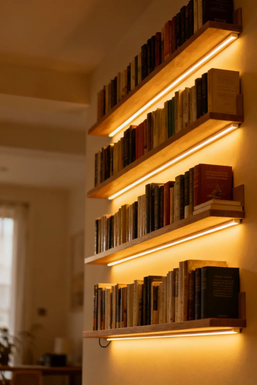 Wall-mounted bookshelves with warm LED lights showcasing books.