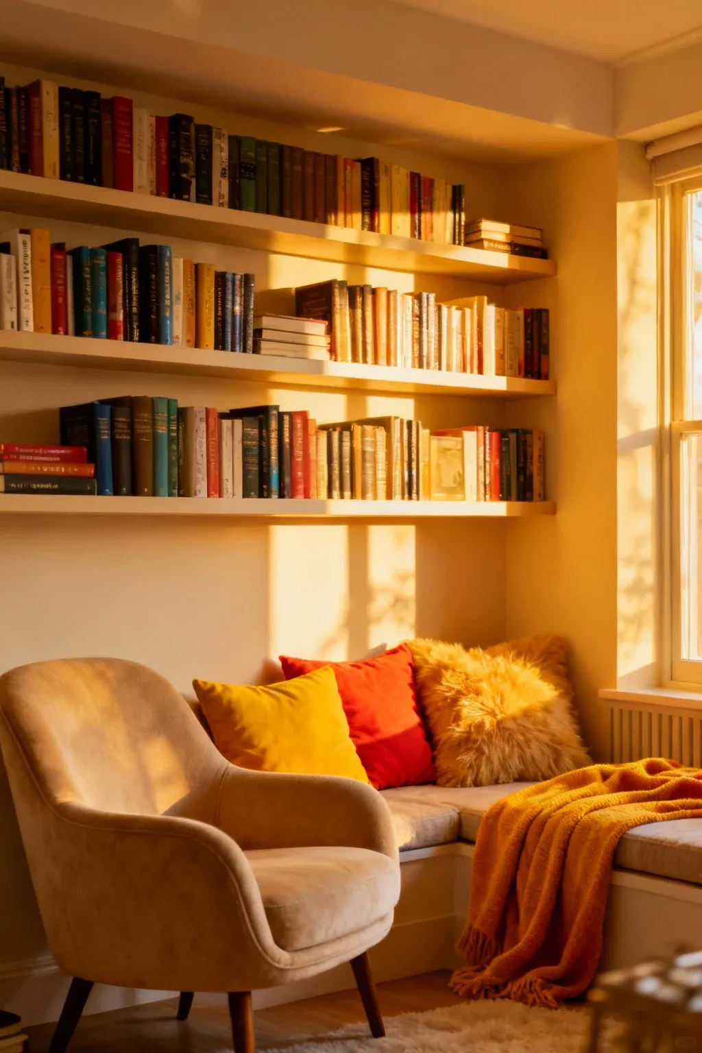 Floating bookshelves in a cozy reading nook with books and cushions.