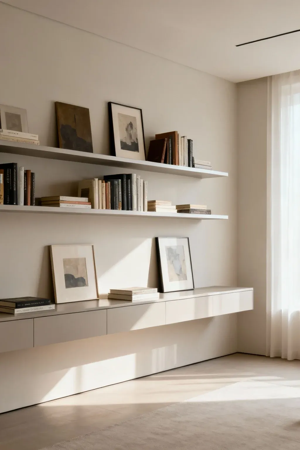 Minimalist floating bookshelf wall with a selection of books and art.