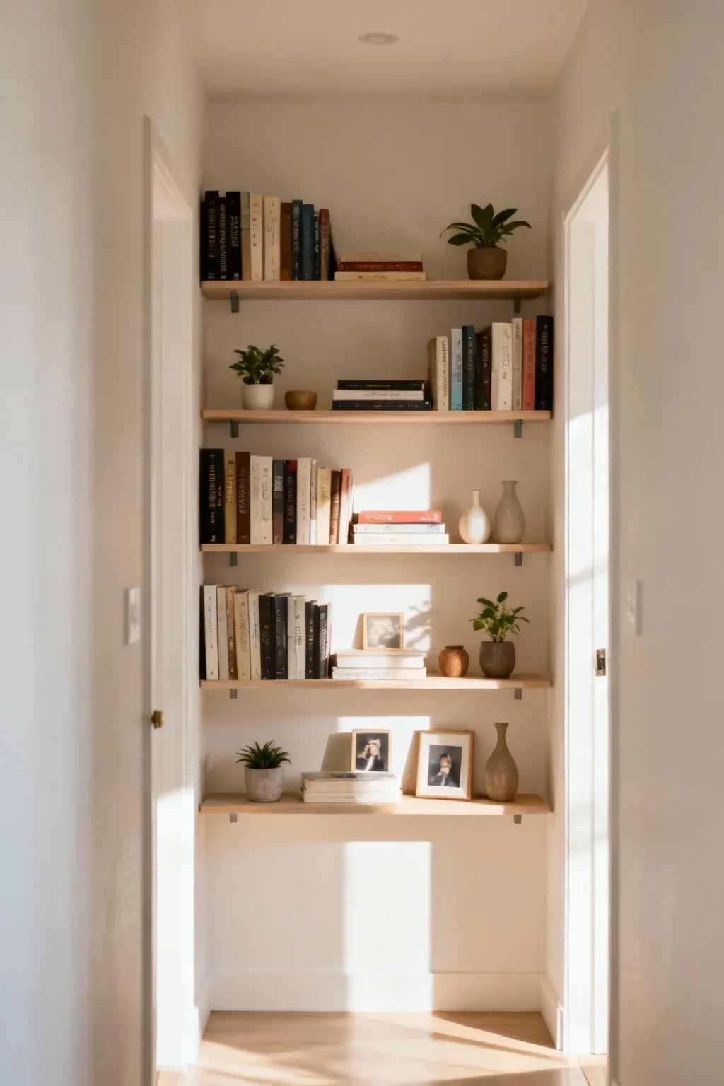 Slim floating bookshelves in a narrow hallway displaying books.
