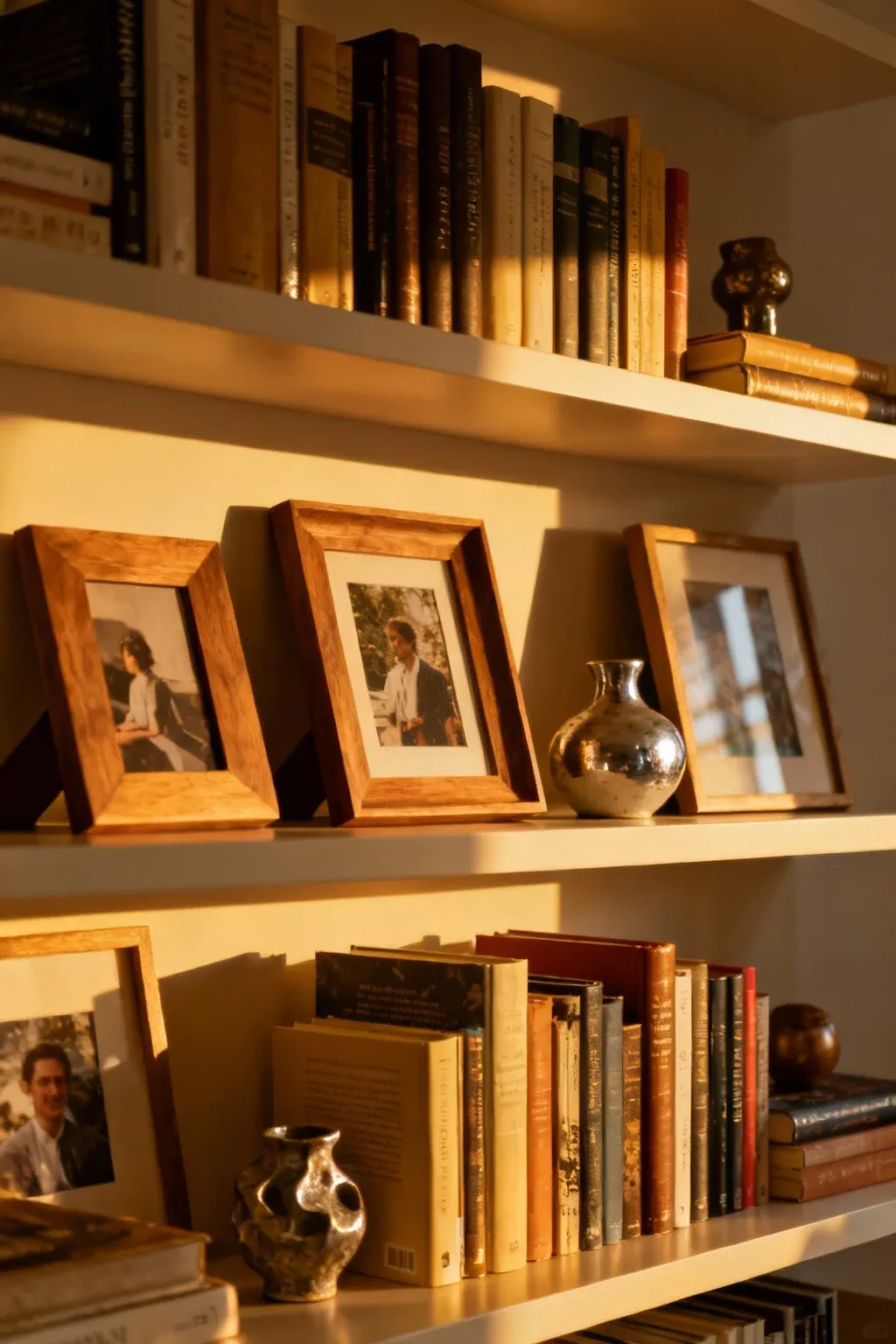 Floating shelves bookcase with books and decorative accents.