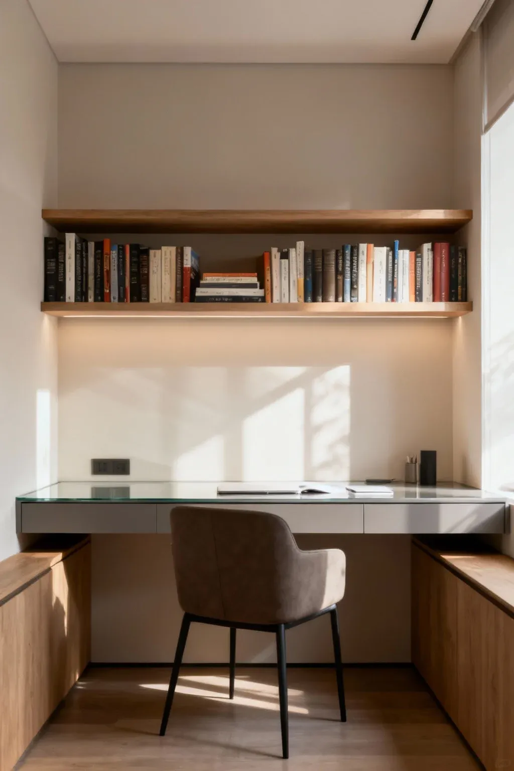 Modern floating bookshelf with an integrated desk in a home office.