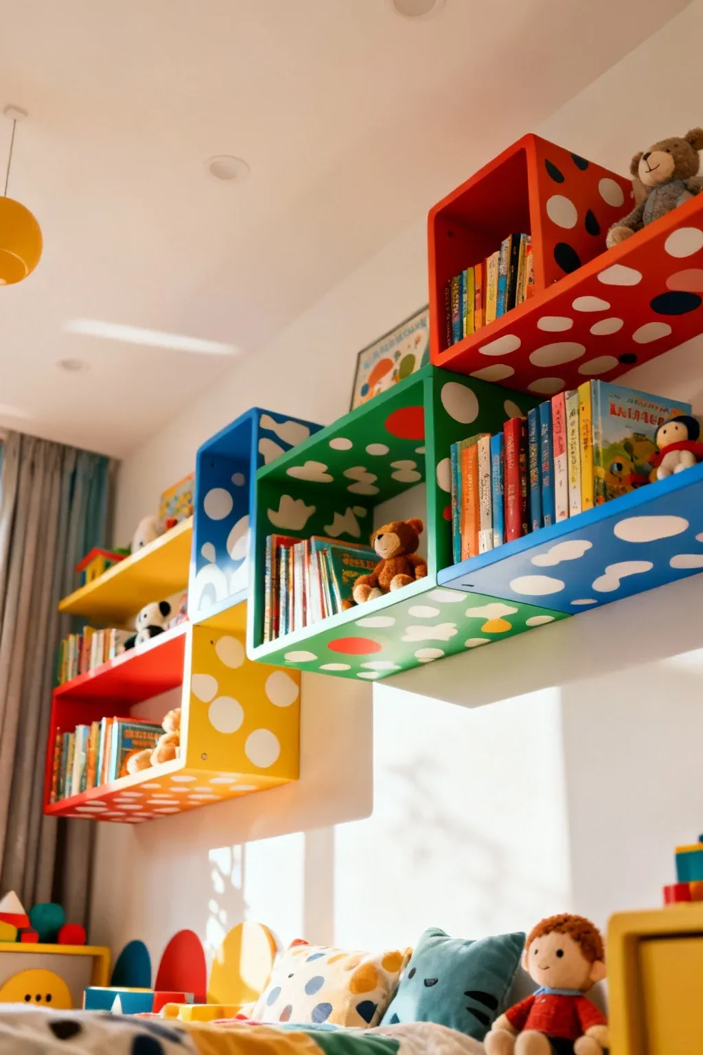 Colorful floating bookshelves with books in a child's room.