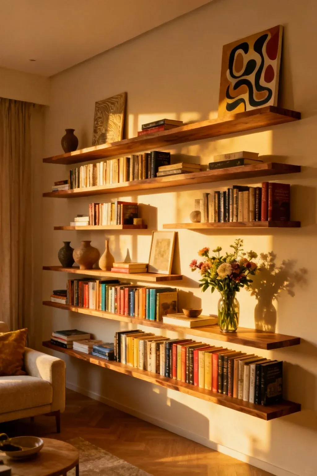 Floating bookshelves in a living room showcasing books and decor.