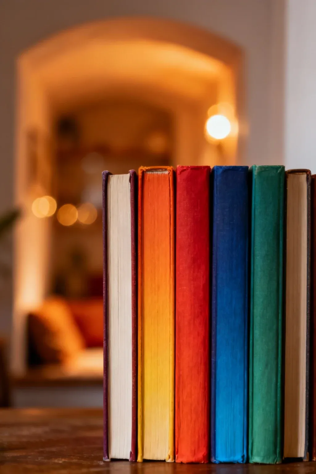 A colorful arrangement of books with accent lighting in a cozy alcove.