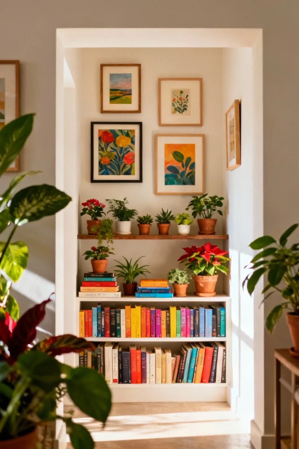 Decorative alcove with books, plants, and artwork creating a layered look.