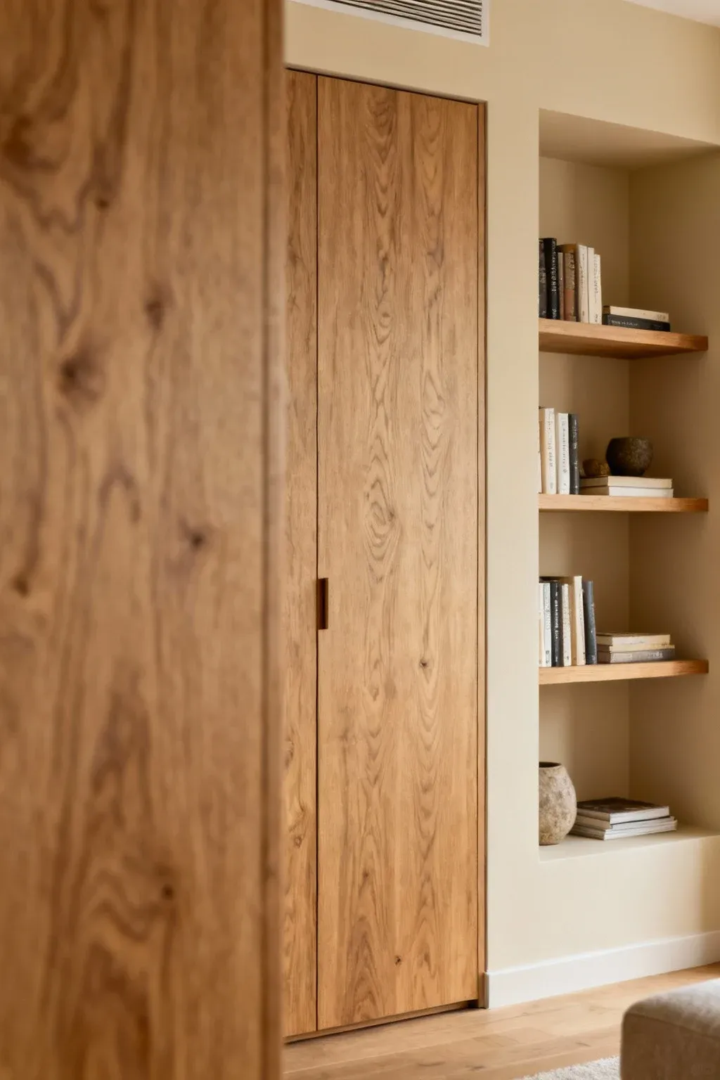 Built-in alcove cupboard displaying books and decor in a stylish setting.