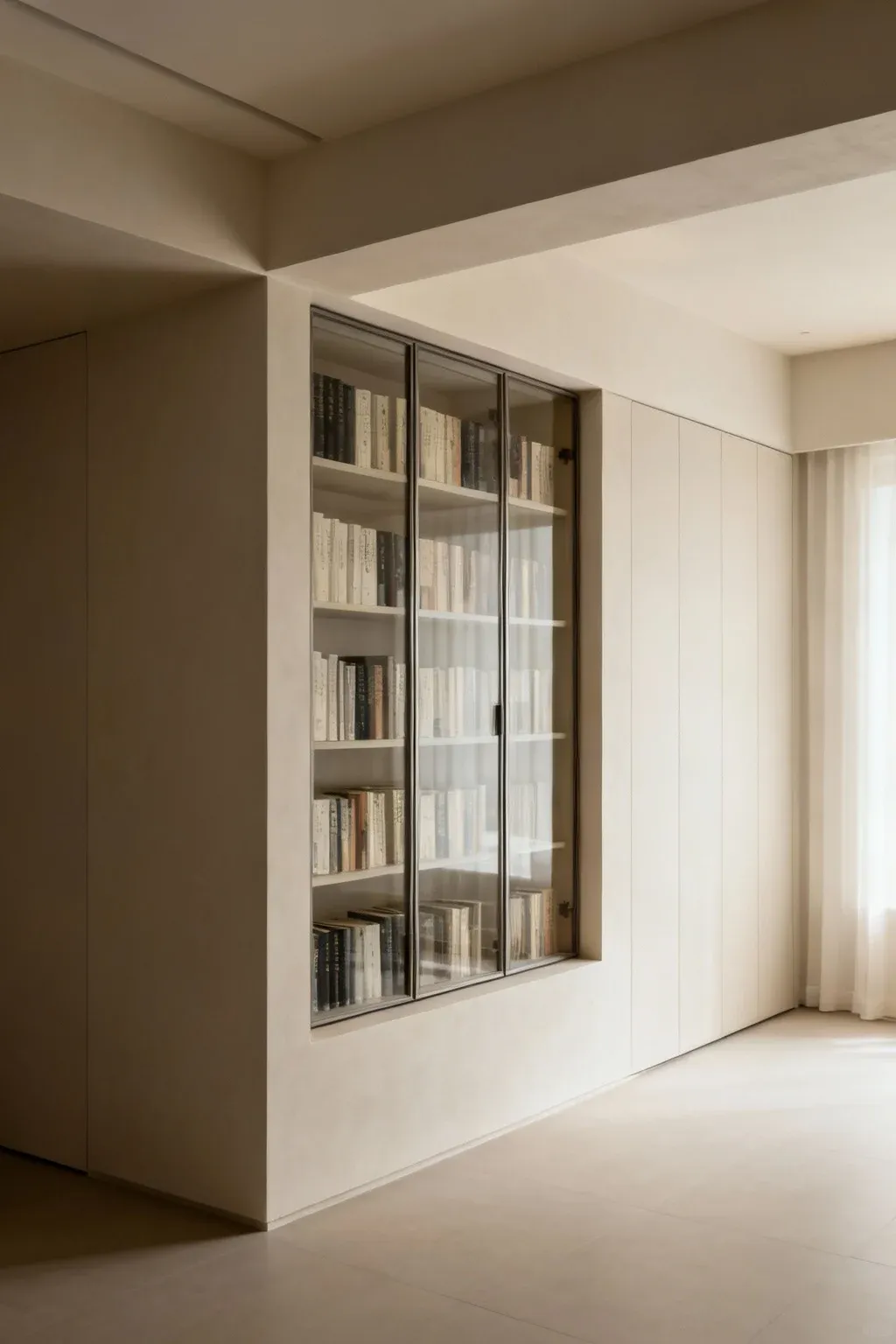 Sleek minimalist alcove cabinet showcasing books in a tidy space.