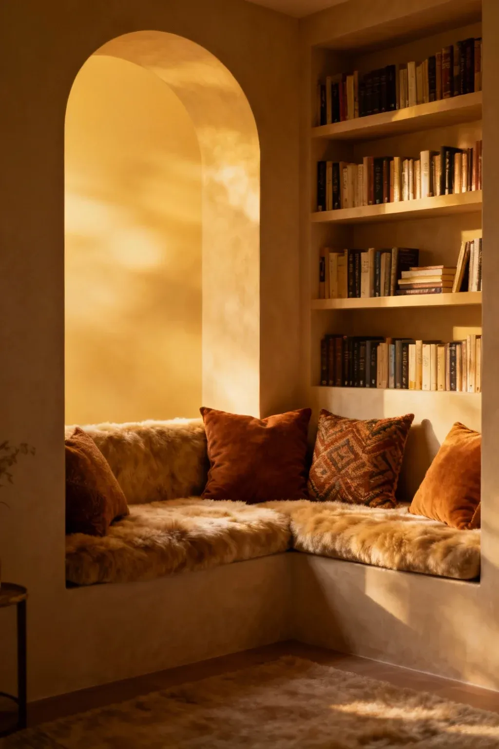 Inviting reading nook with plush seating and shelves of books.