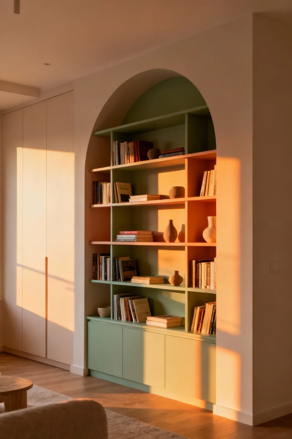 Customized Ikea shelving units in a stylish alcove setup.