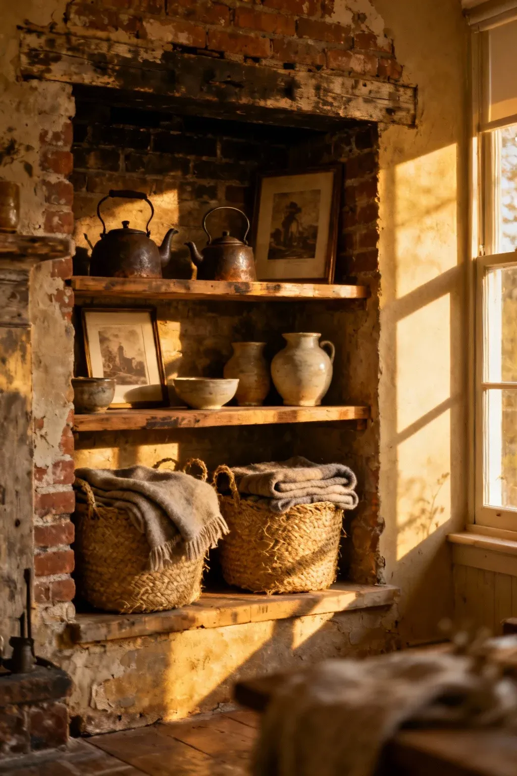 Rustic chimney alcove with wooden shelves and vintage decor.