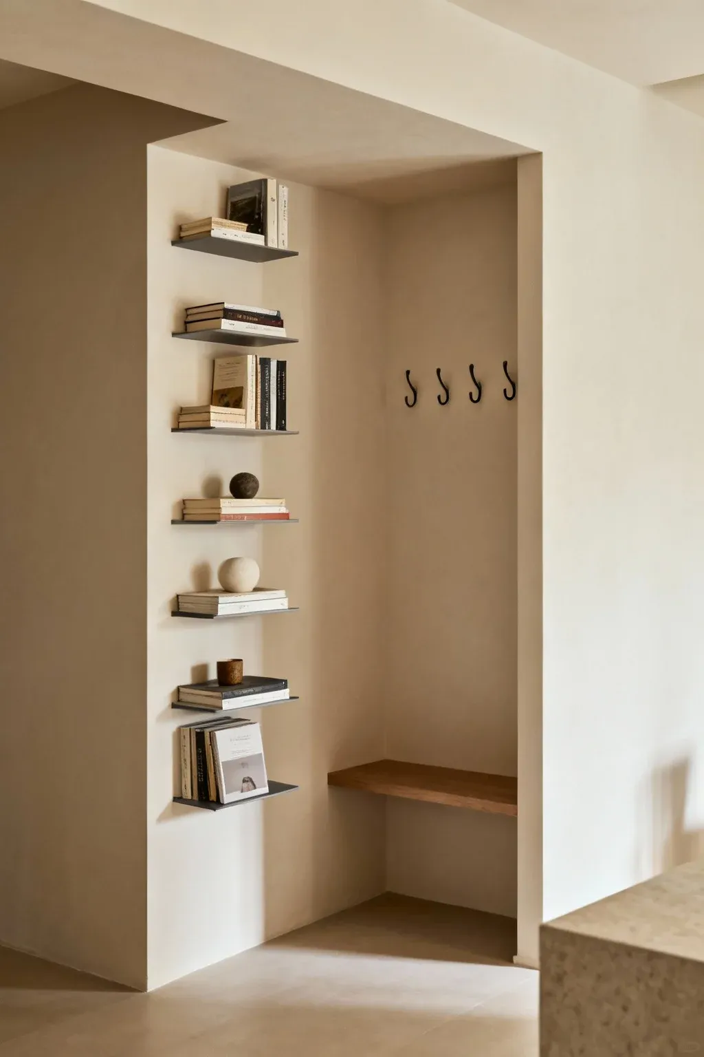 Floating shelves in a wall alcove maximizing space and style.