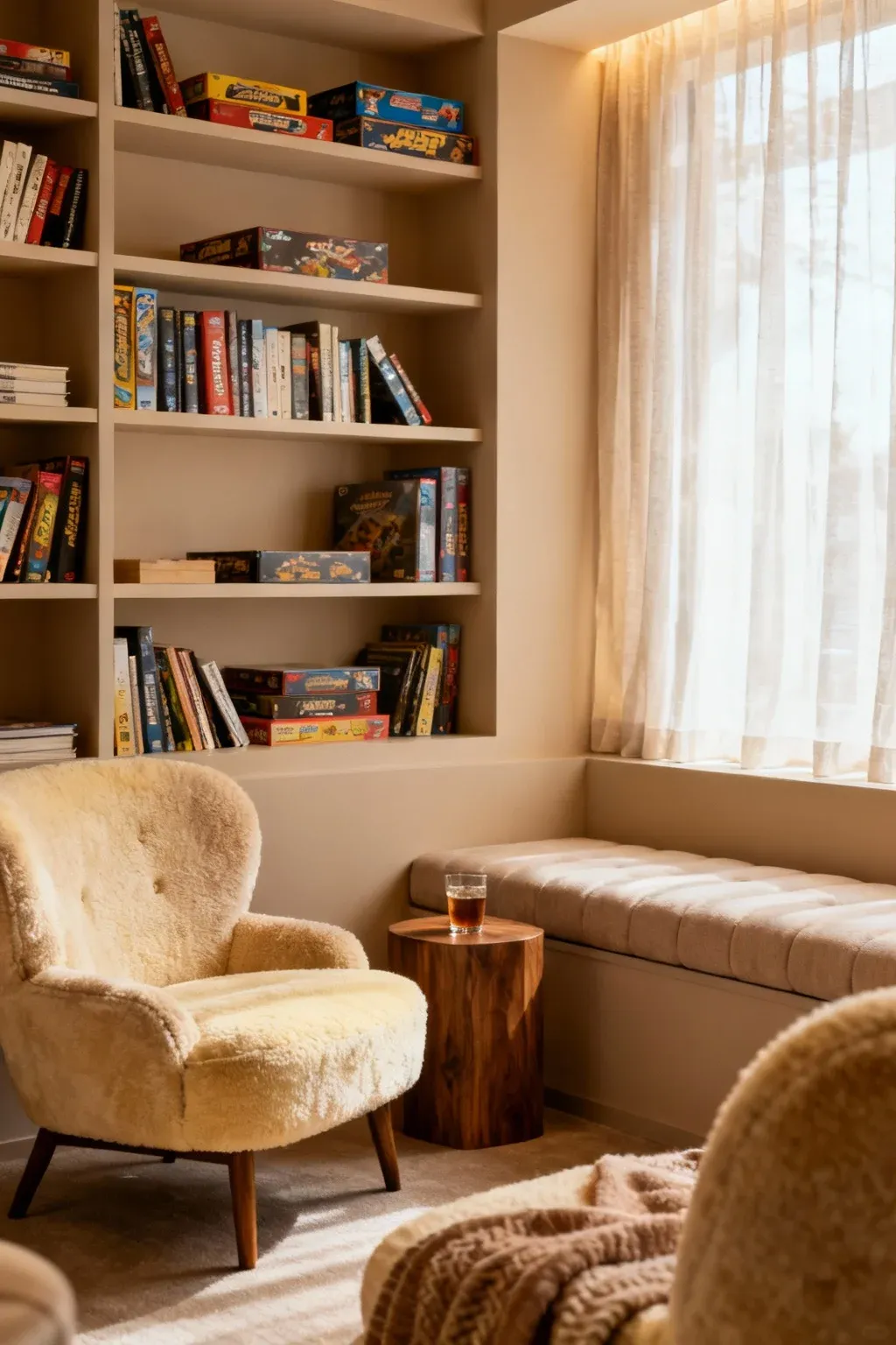 Cozy lounge alcove with comfortable seating and shelves of books.