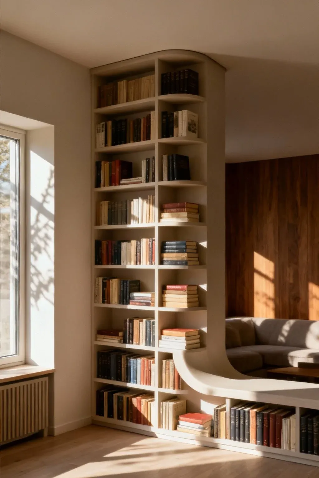 L-shaped corner bookshelf filled with books and decorative items in a cozy room