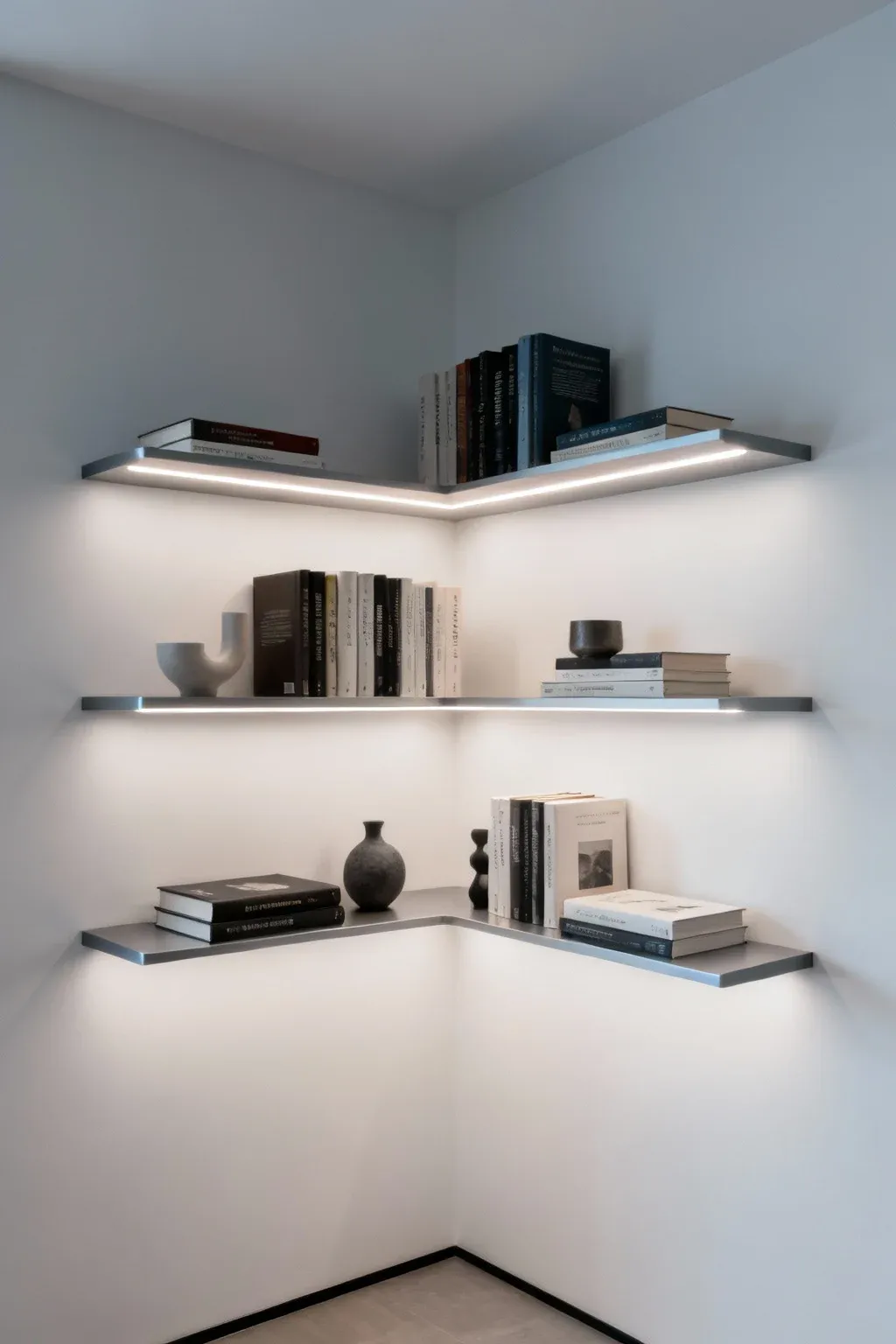 Floating corner shelves with books and decor illuminated by LED lights