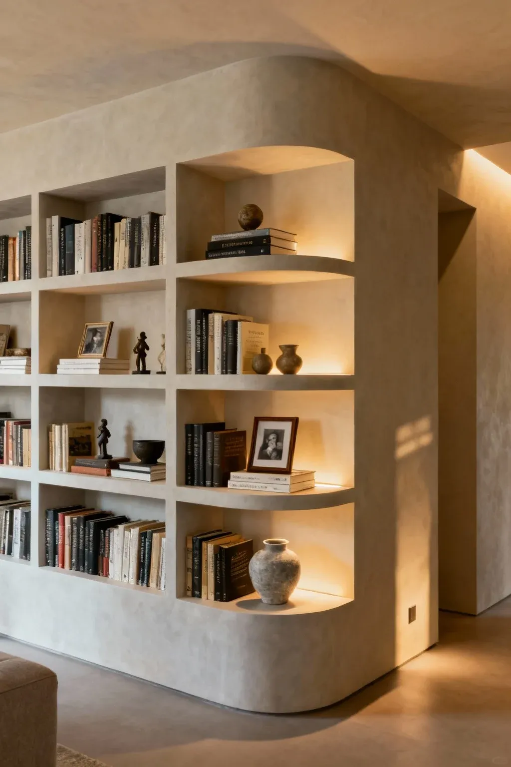 Built-in corner shelving displaying books and decor in a stylish room