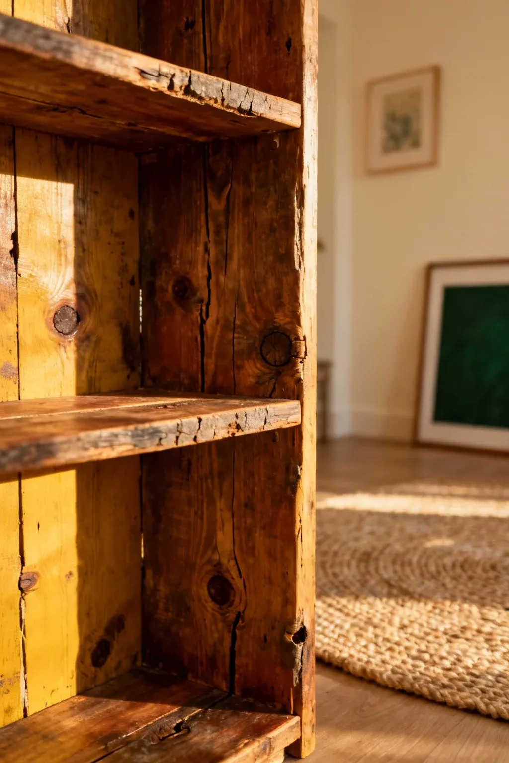 DIY corner bookshelf made from reclaimed wood in a cozy room