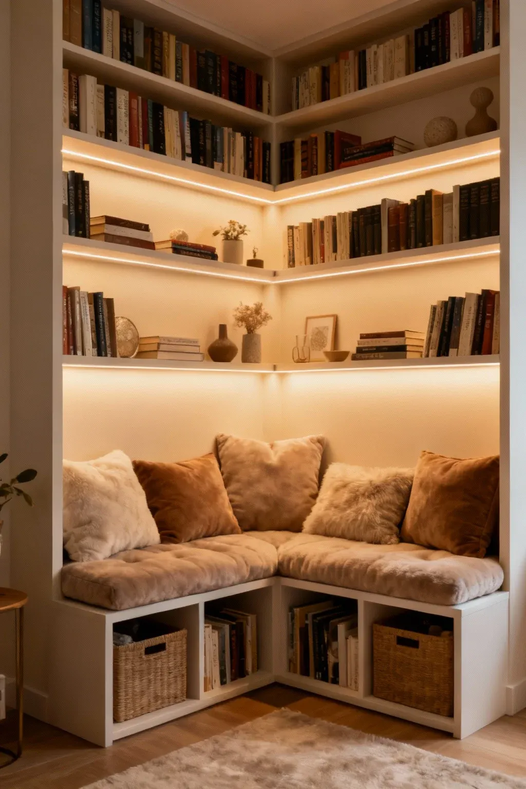 Corner bookshelf with integrated seating and cushions in a cozy nook