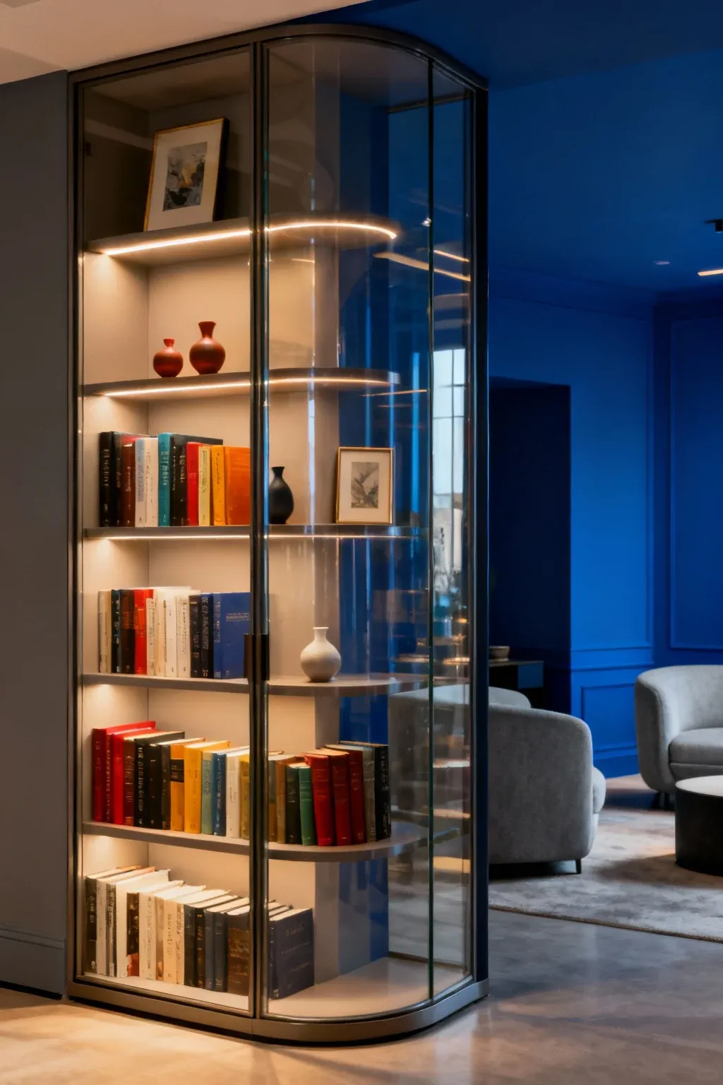 Corner bookshelf with glass doors displaying books in an elegant room