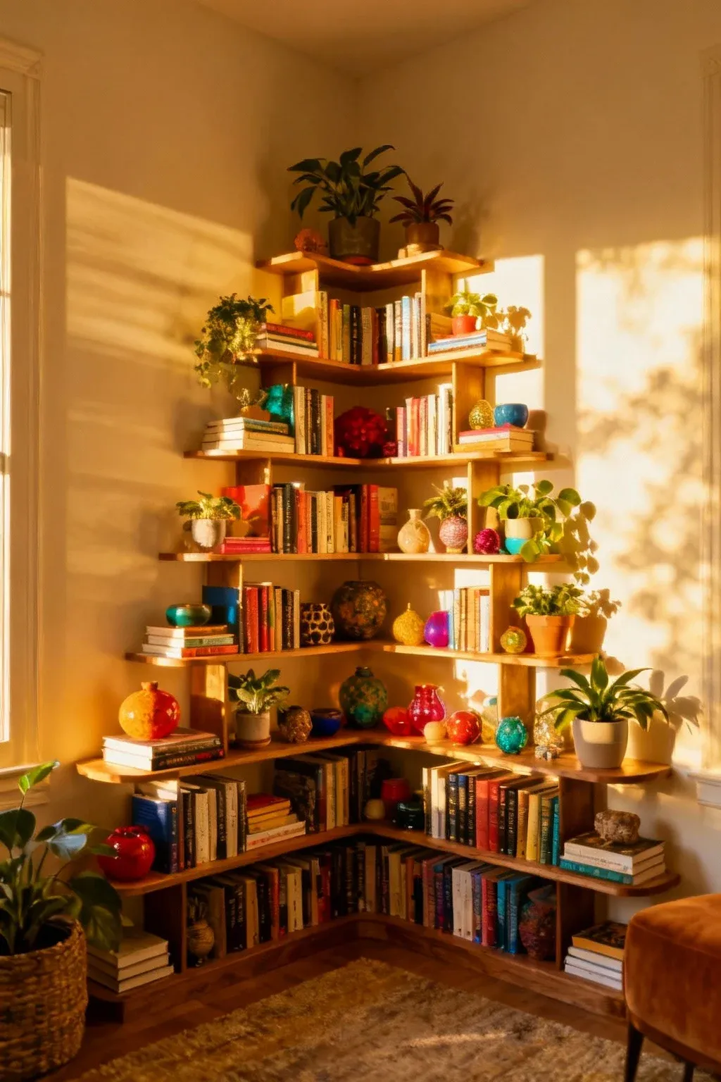 Multi-tiered corner shelves displaying books and plants in a cozy room