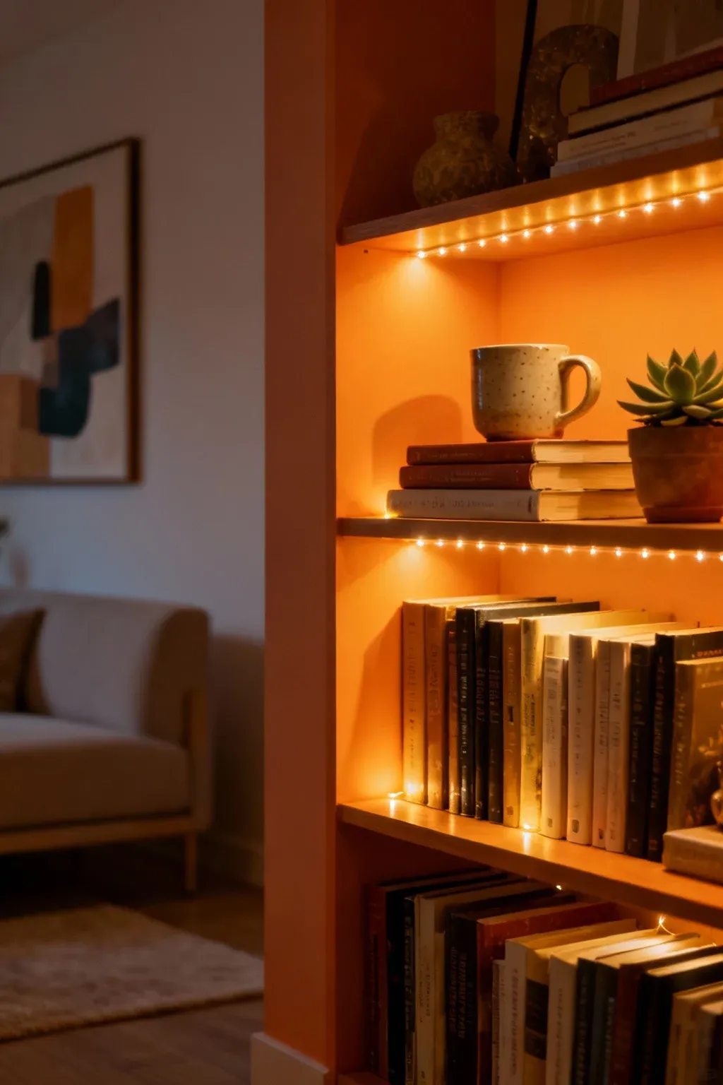 Corner bookshelf with LED lights illuminating books in a cozy setting