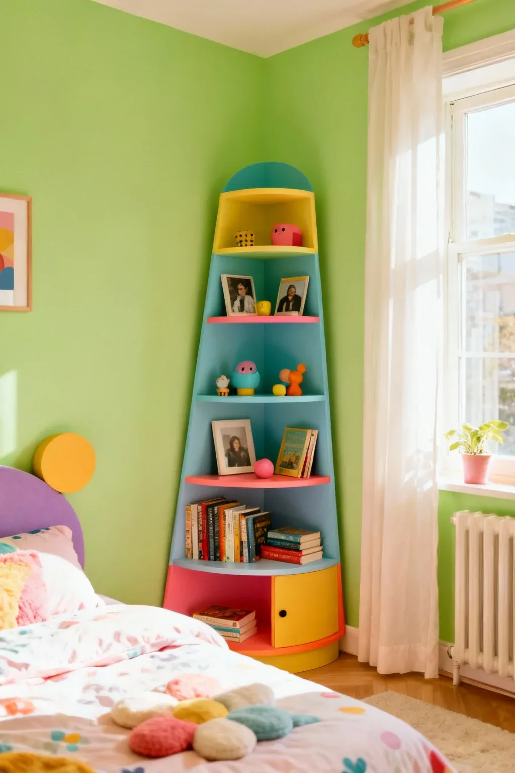 Colorful corner bookshelves displaying personal items in a bedroom
