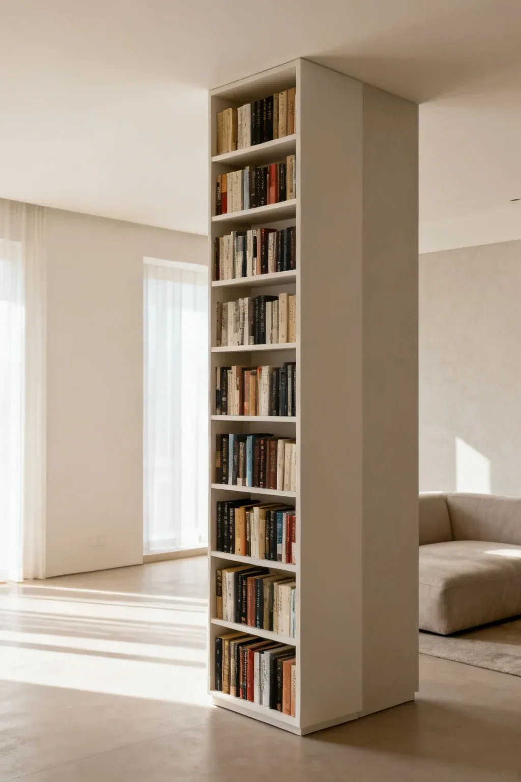 Vertical corner bookshelf filled with books in a minimalist room