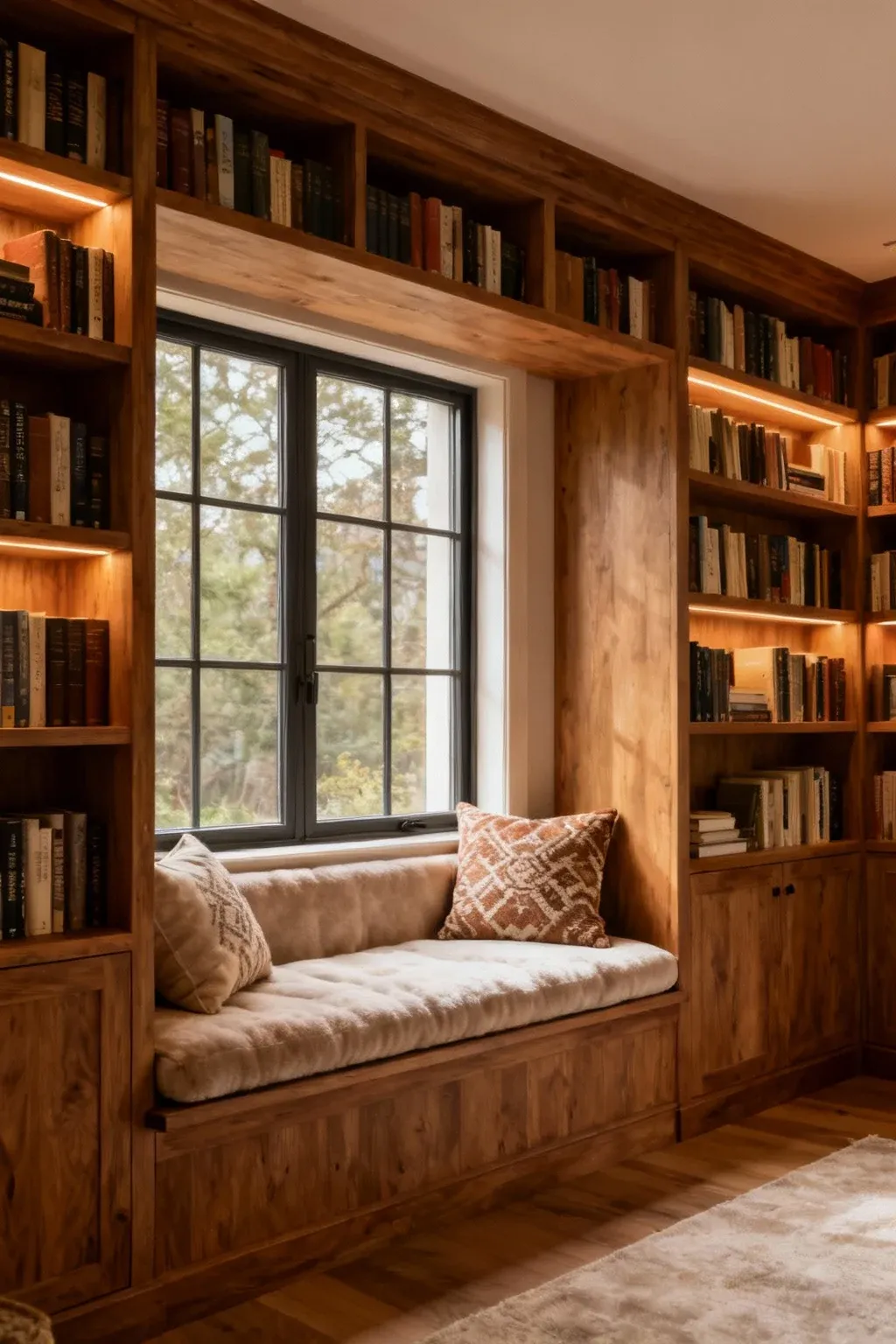 A cozy reading nook with plush cushions in a built-in library wall.