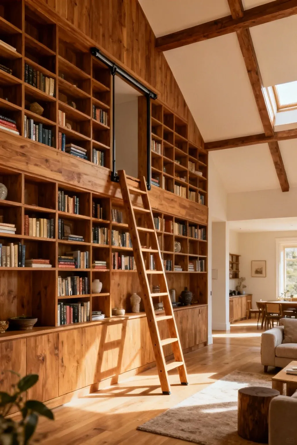 A bookcase wall with a sliding ladder in a charming living room.