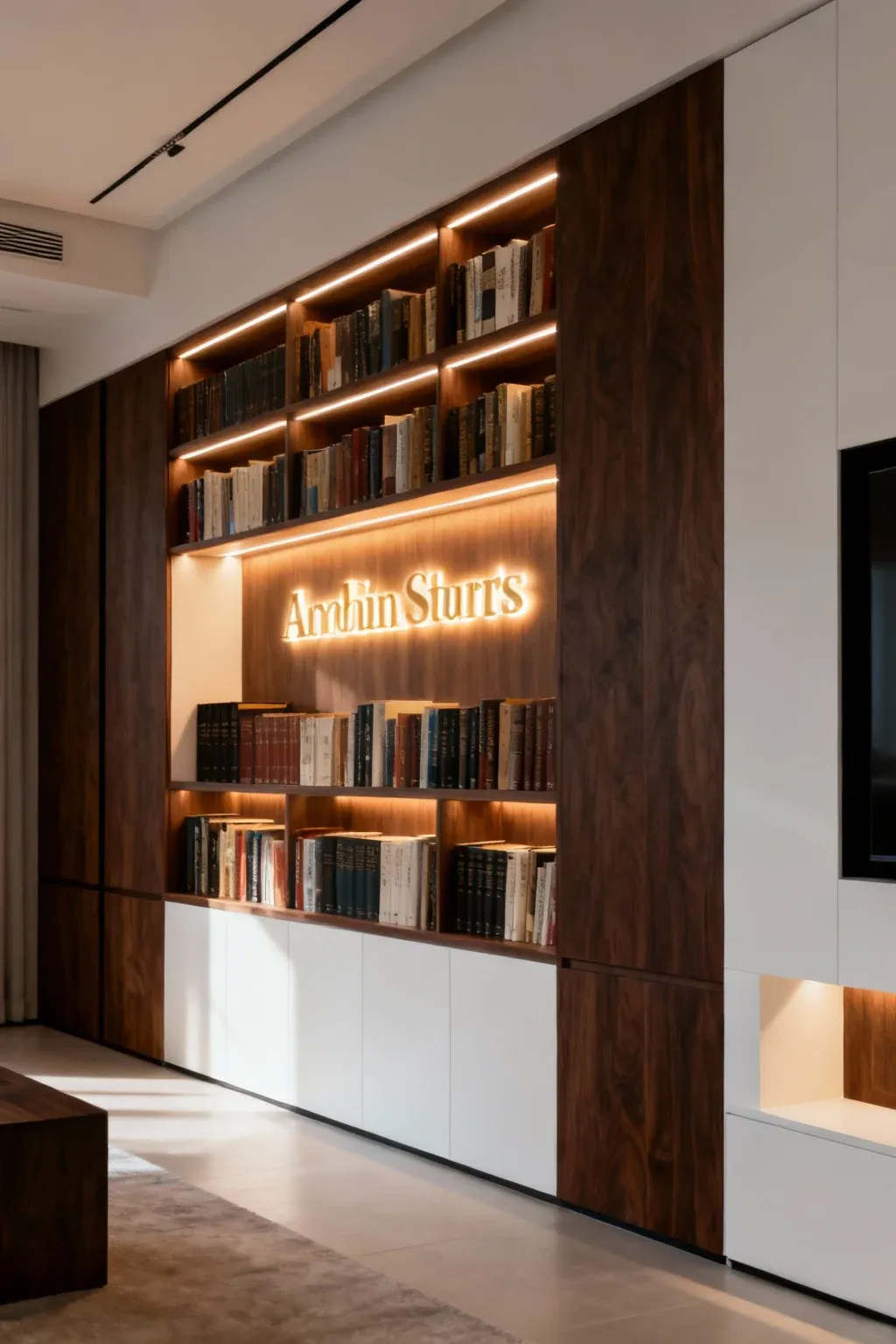 A full wall bookshelf with glowing integrated lighting showcasing books.