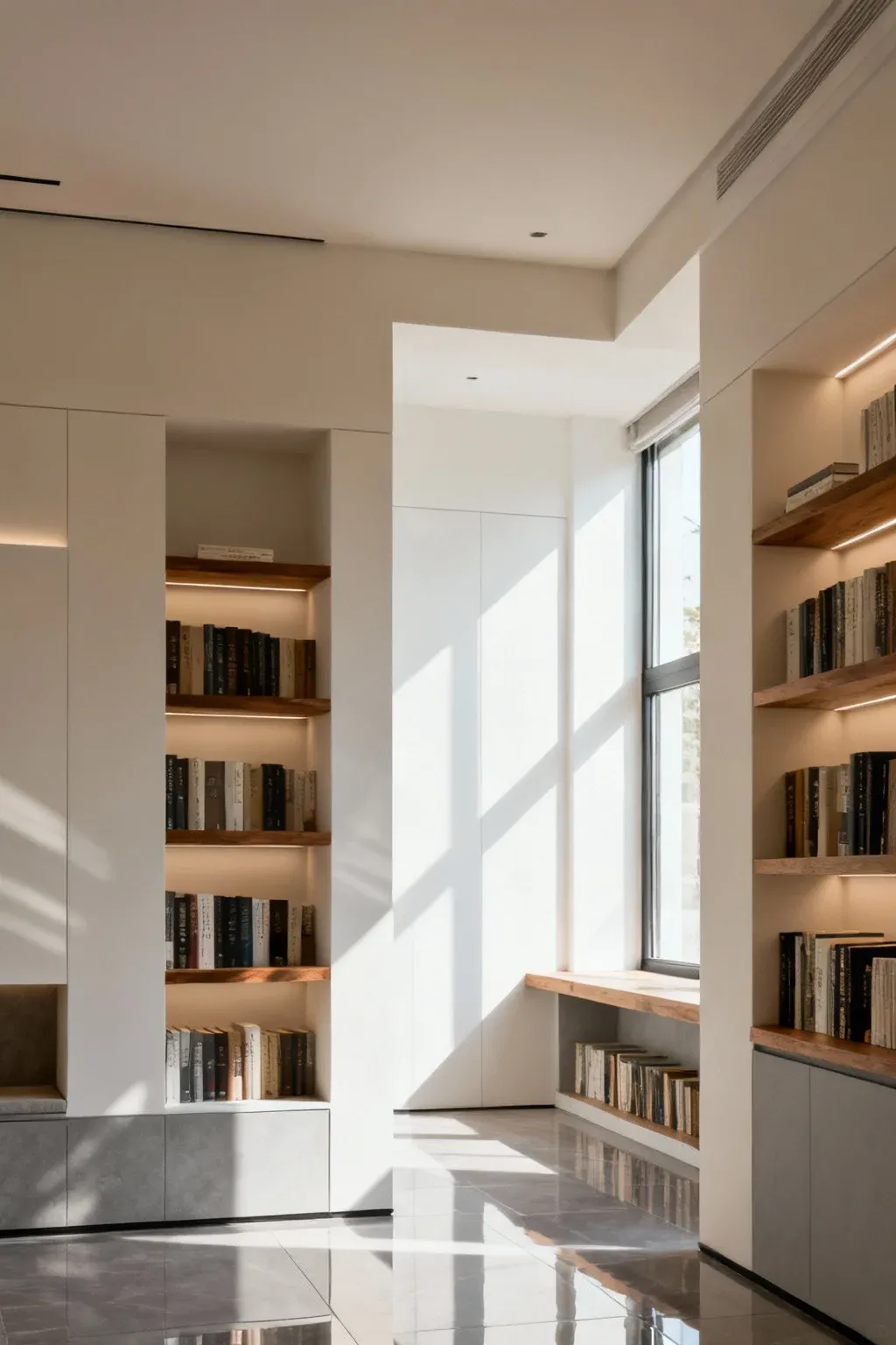 Sleek modern built-in bookshelves with clean lines in a contemporary room.