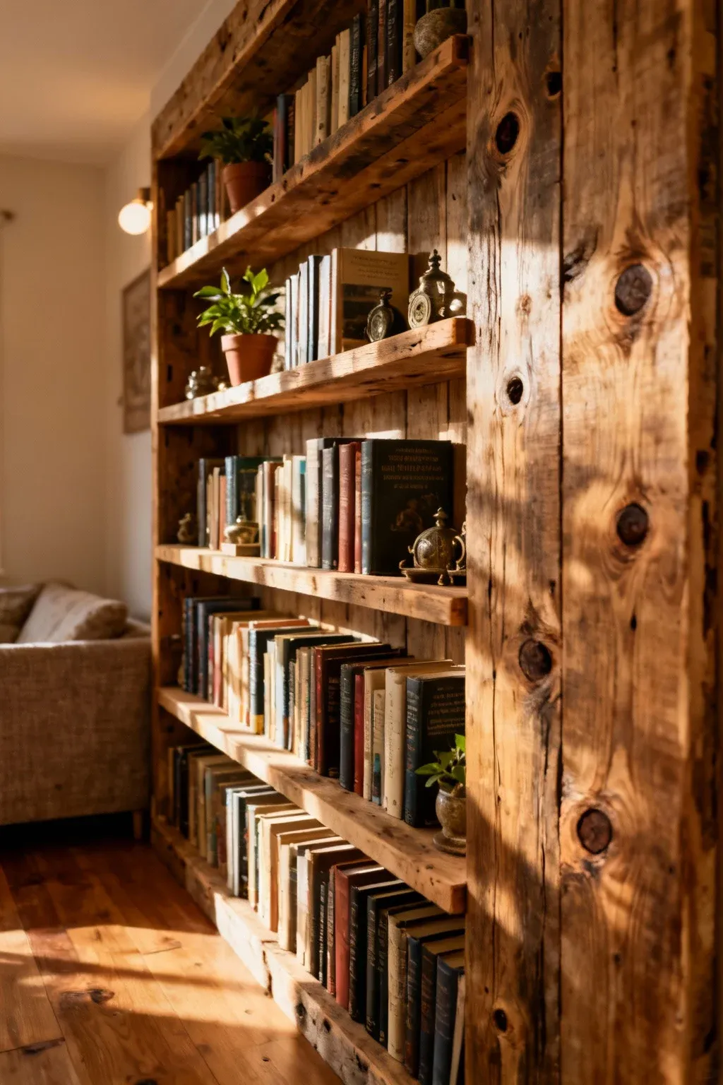 A rustic DIY library wall made from reclaimed wood filled with books.