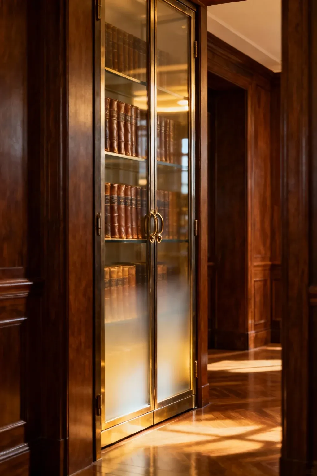 Elegant library built-ins with glass doors showcasing books.