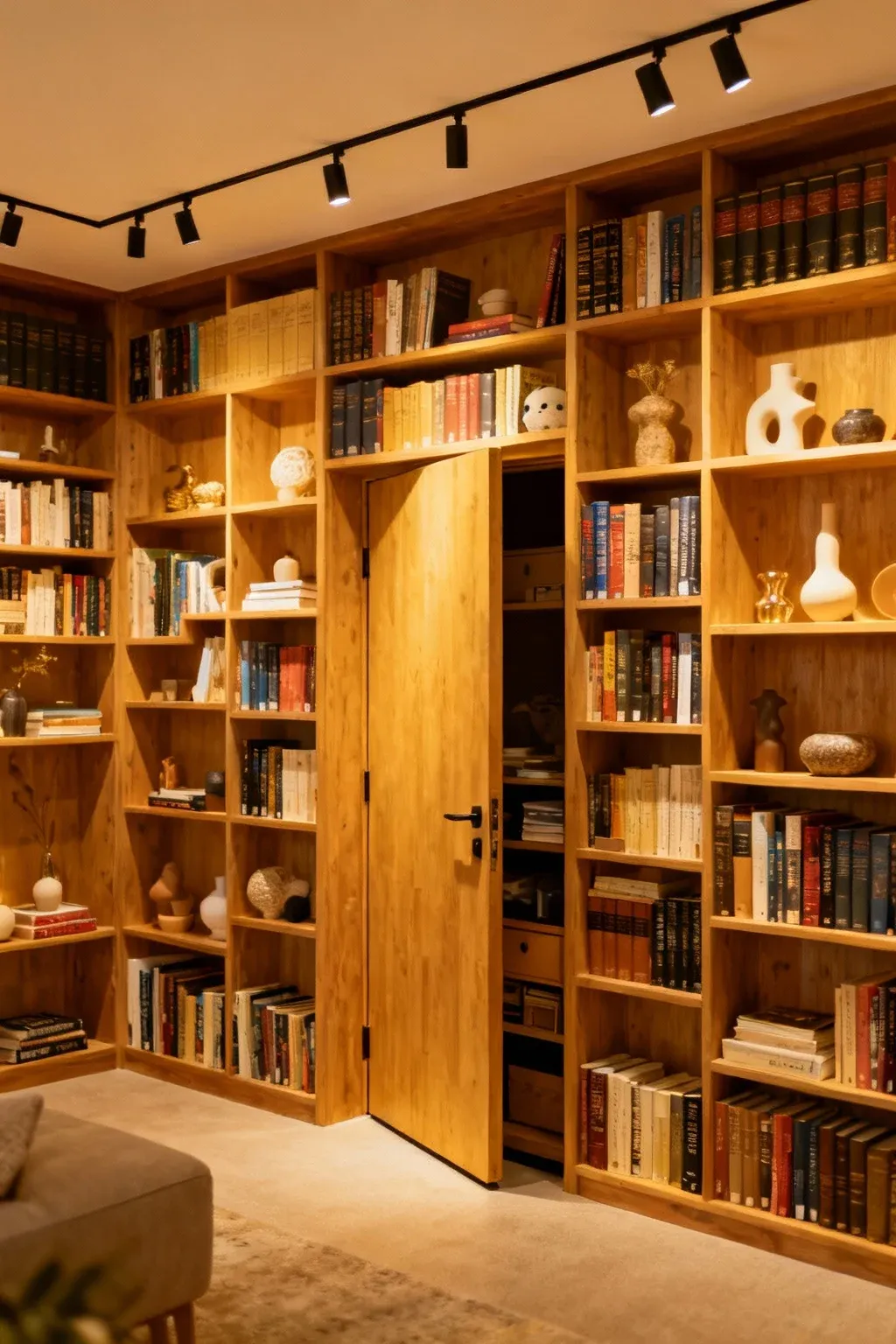 Wall-to-wall bookshelves featuring a cleverly concealed hidden door.