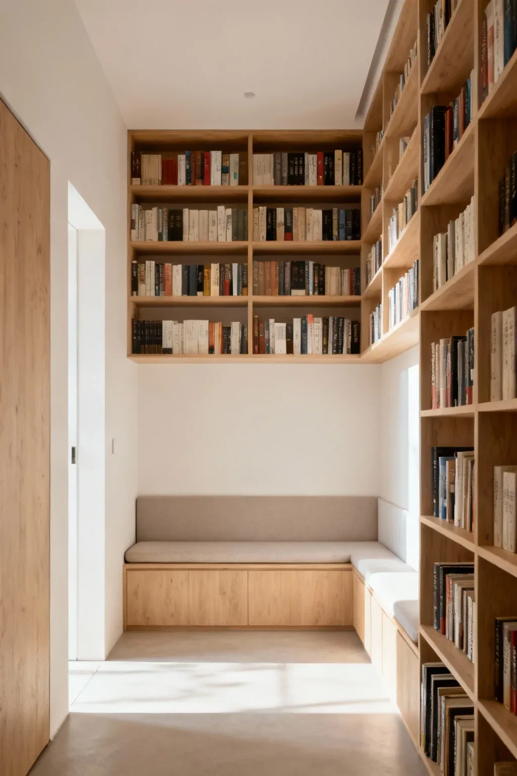 Maximized floor-to-ceiling shelves in a small space with built-in seating.