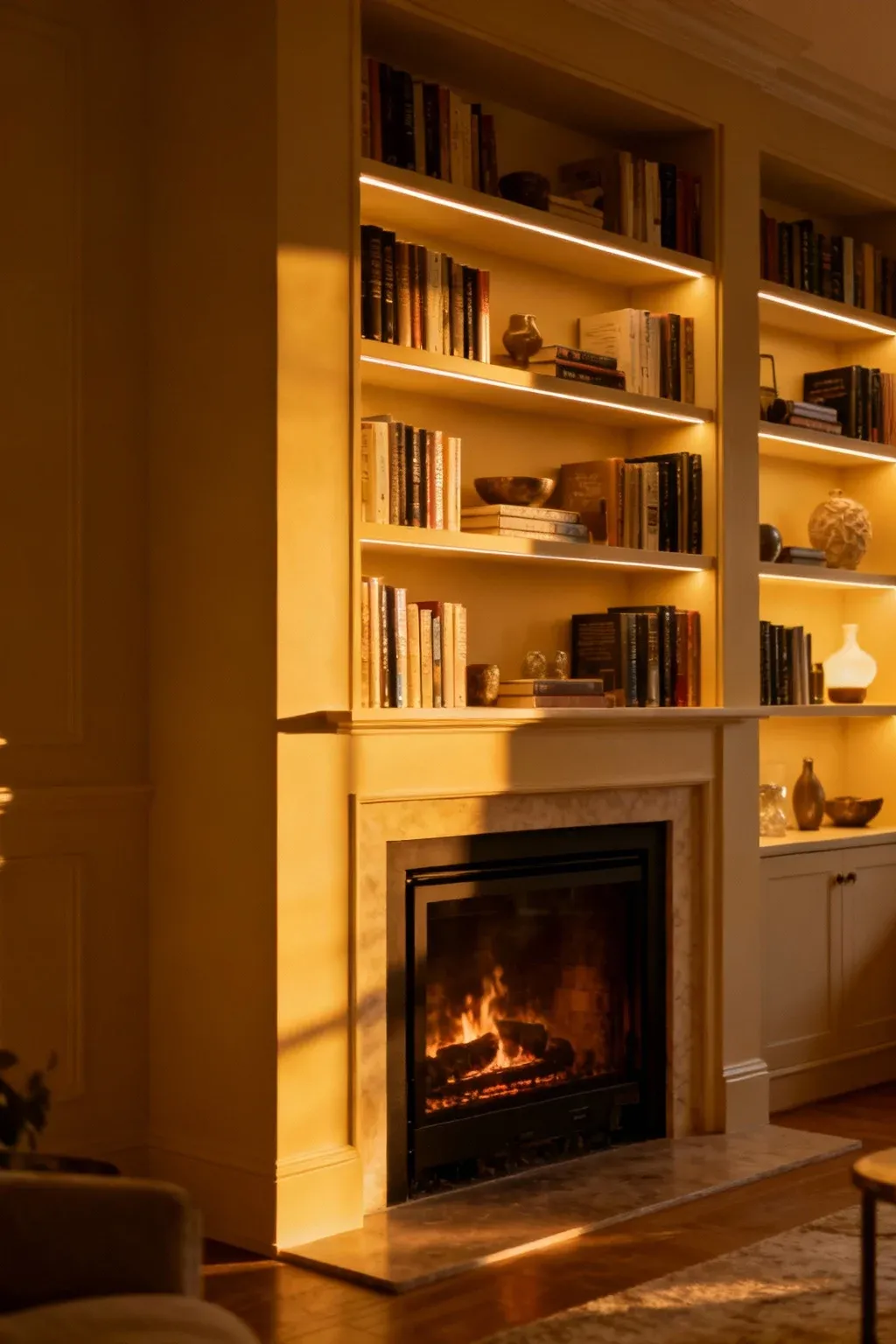 A built-in bookcase next to a cozy fireplace in a warm living room.