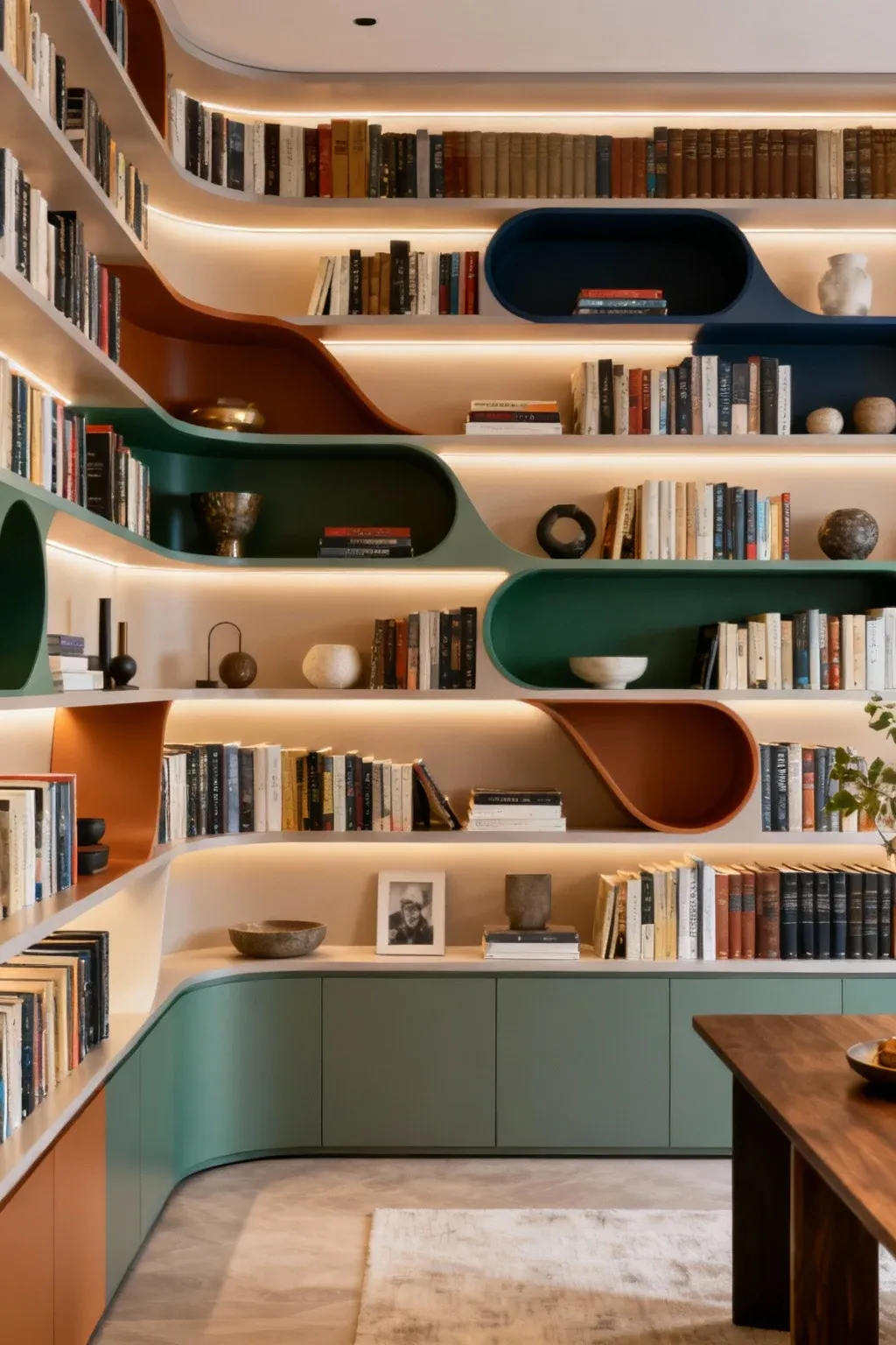 Bespoke custom bookshelves designed for a unique space filled with books.