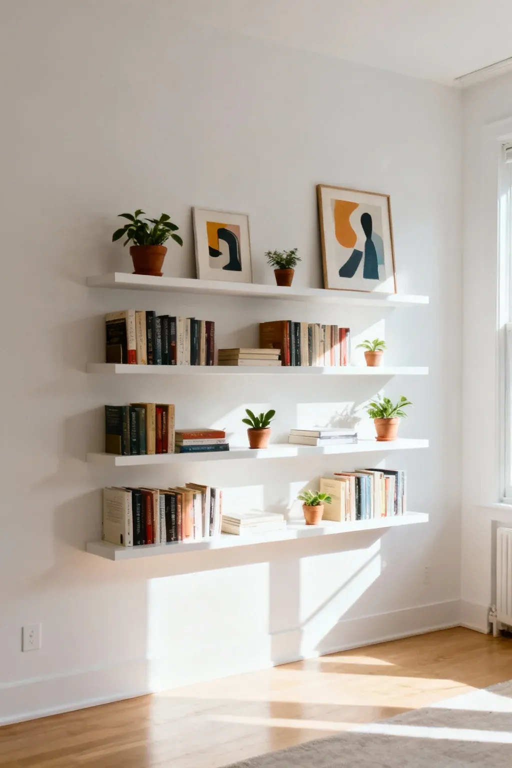Floating shelves on a wall displaying books and decorative items.