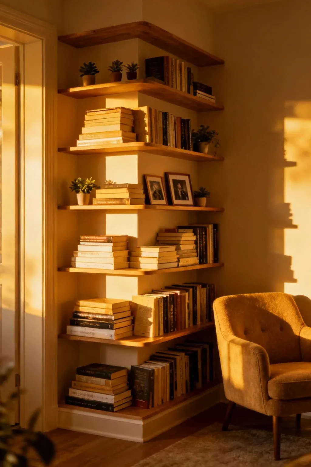 Corner bookshelves maximizing space filled with books and decor.