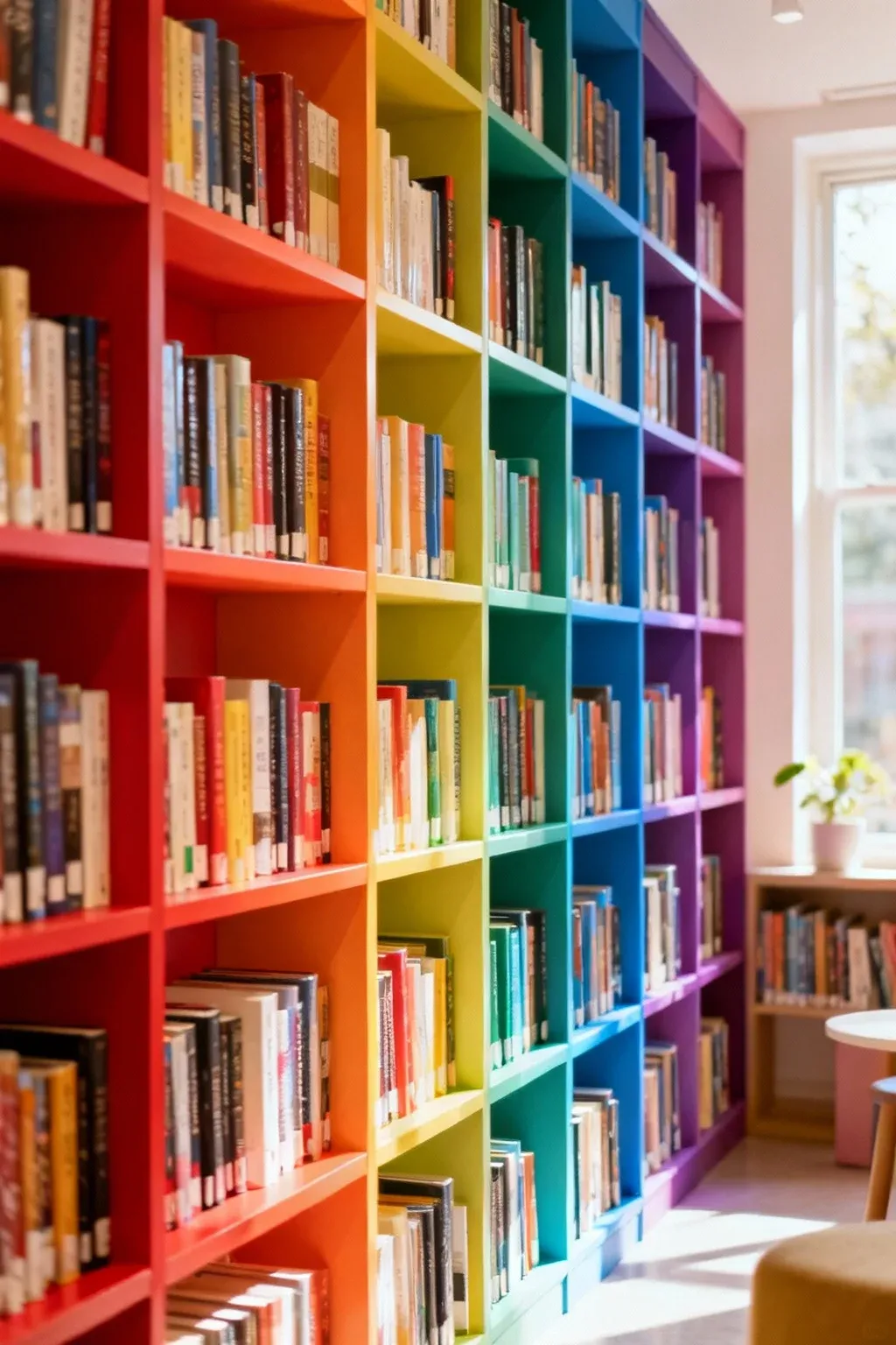 Vibrant colorful bookshelves filled with books arranged by color.