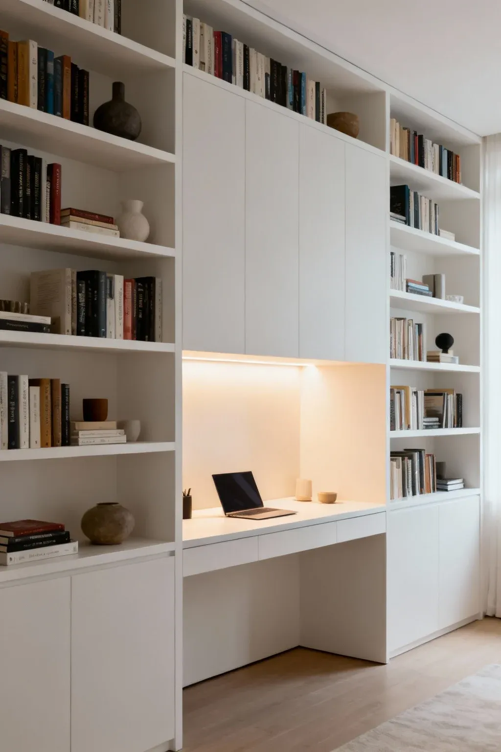 Integrated desks within full wall bookshelves creating a workspace.