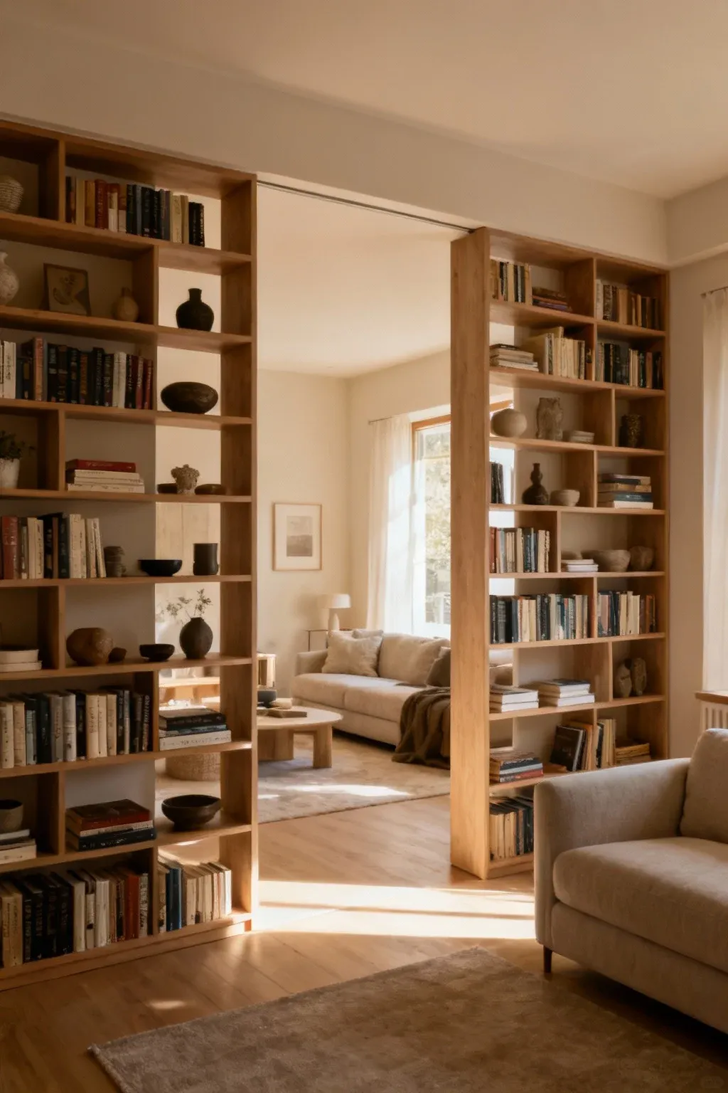 Bookshelf room dividers creating distinct areas in an open space.