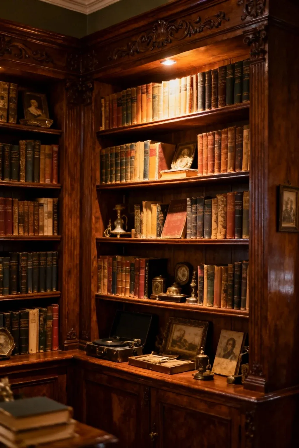Vintage style bookshelves with intricate details and classic literature.